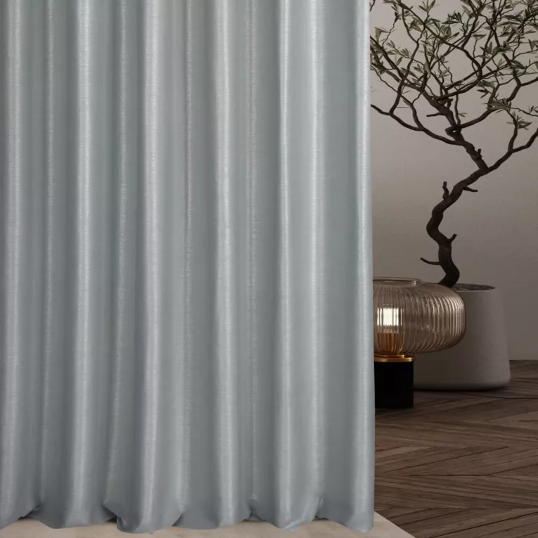 Zasłona szyta na flexach srebrna z tkaniny z mieszanką lnu i wiskozy, w stylu eko, z delikatnym połyskiem