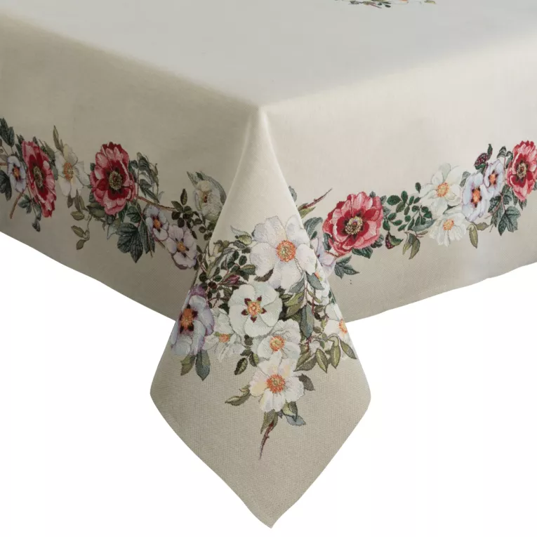 Obrus naturalno, czerwony 140x180 cm gobelinowy z motywem kwiatowym