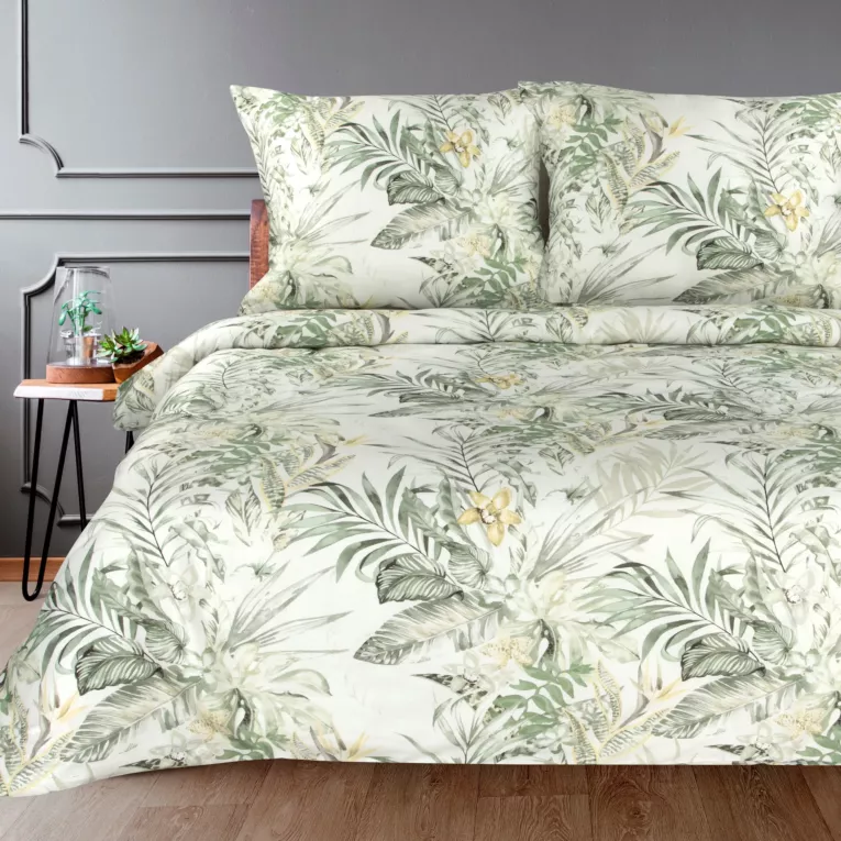 Pościel 140x200 bawełniana kolor biały, jasnozielony z wzorem botanicznym NIKA 40 Eurofirany