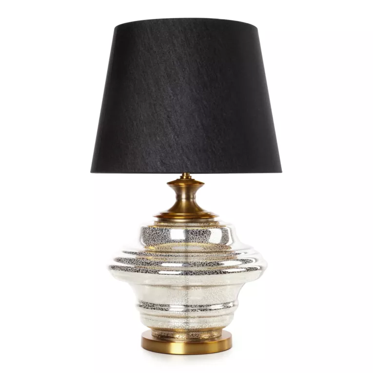Lampa stołowa do salonu czarno, złota AMARI zdobiona szklaną podstawą i lekko szenilowym abażurem Eurofirany