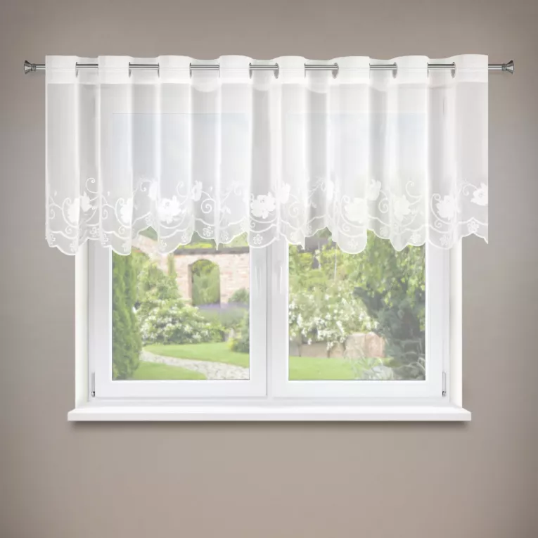 Firana biała z drobnej siateczki zdobiona subtelnym haftem 350x70 cm przelotki - LETI Eurofirany