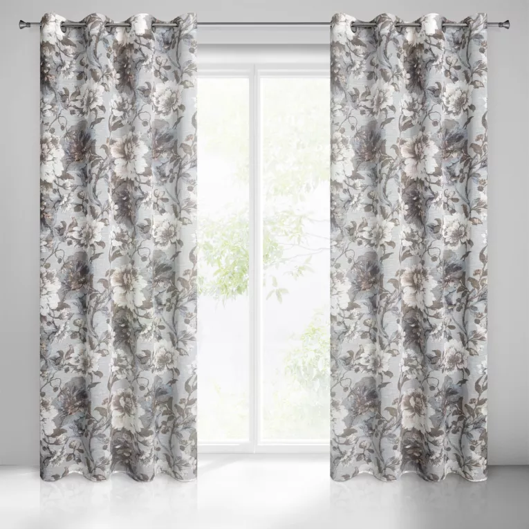 Zasłona popielato, biała w duże kwiaty z etaminy 140x250 cm przelotka SANDRA Eurofirany