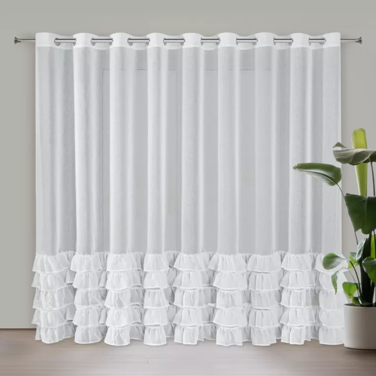 Firana biała z etaminy zdobiona w dolnej części falbanami 300x250 cm przelotka DANI Eurofirany