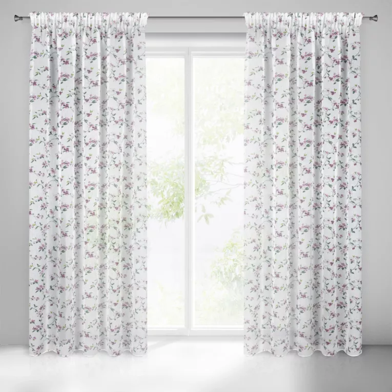 Dekoracja okienna biało, fioletowa z lekkiej półtransparentnej etaminy z nadrukiem kwiatowym 140x270 cm taśma DINA Eurofirany