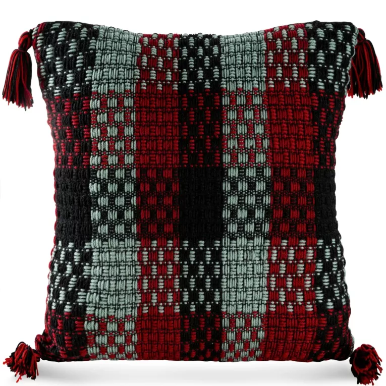 Poszewka na poduszkę 45x45 cm z grubej tkaniny z ozdobnymi chwostami na rogach czerwono, miętowa HILAR Eurofirany