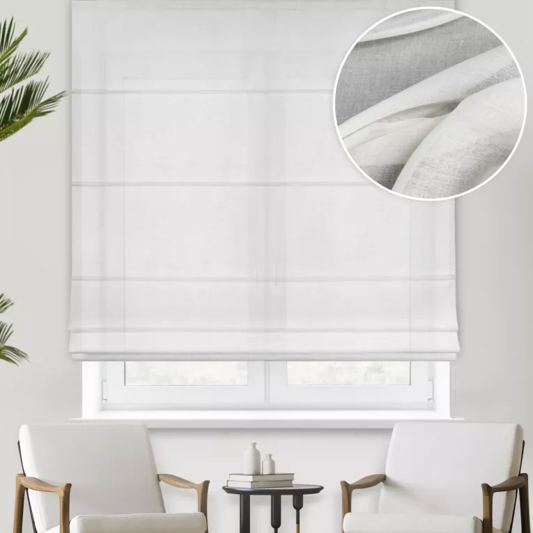 Roleta rzymska kremowa z gładkiej matowej etaminy, wykończonej obciążnikiem