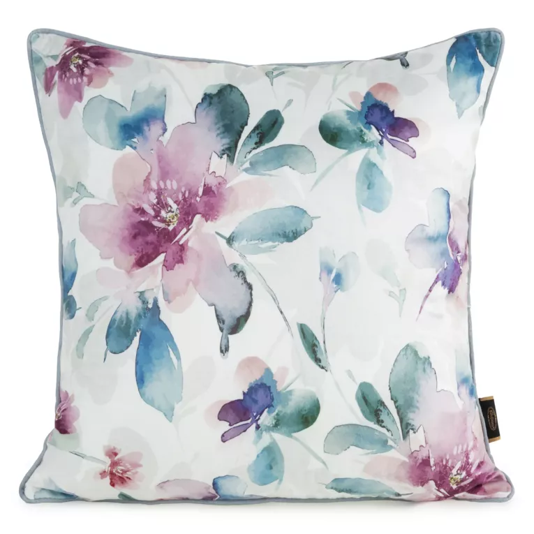 Poszewka na poduszkę 45x45 cm welwetowa z nadrukiem pastelowych kwiatów i ozdobną kontrastującą wypustką biało, turkusowa VELVET 148 EUROFIRANY PREMIUM