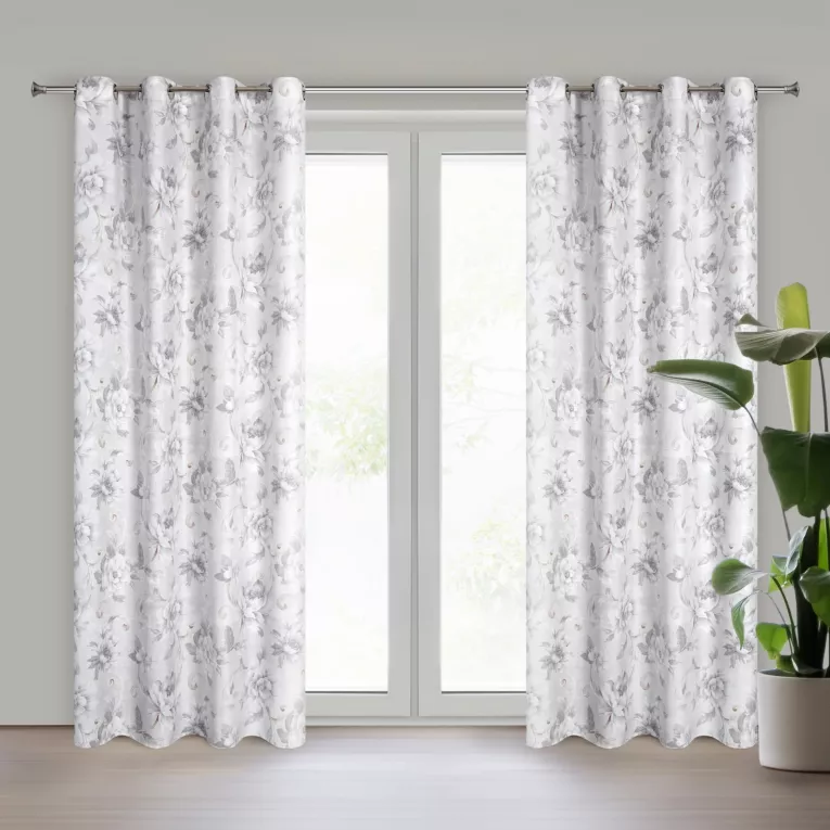 Zasłona srebrno, stalowa zdobiona nadrukiem kwiatów 140x250 cm przelotka SIENNA Eurofirany