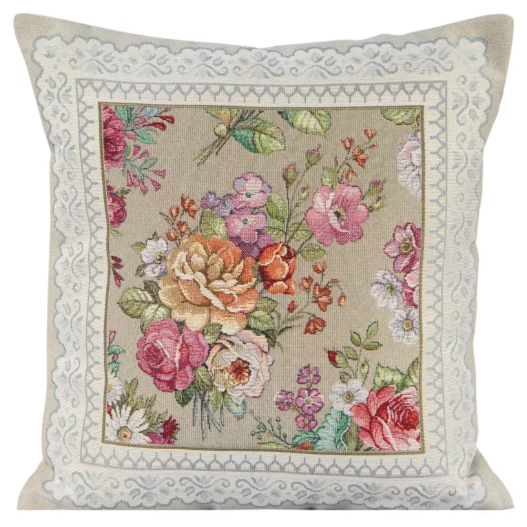 Poszewka na poduszkę 45x45 cm gobelinowa zdobiona tkanym motywem kwiatowym oliwkowo, różowa GOB Eurofirany