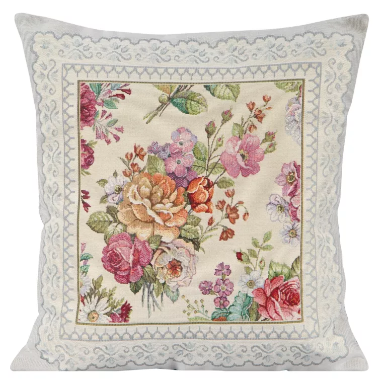Poszewka na poduszkę 45x45 cm gobelinowa zdobiona tkanym motywem kwiatowym jasnoszara, różowa GOB Eurofirany