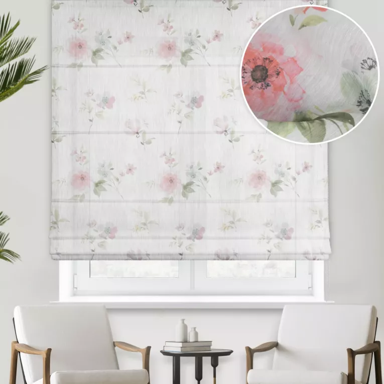 Roleta rzymska biało jasnopomarańczowa z miękkiej tkaniny batystowej z nadrukiem w kwiaty