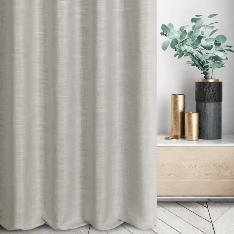 Zasłona szyta na taśmie 5 cm beżowo srebrzysta z tkaniny w stylu eko z domieszką lnu, z delikatnym połyskiem