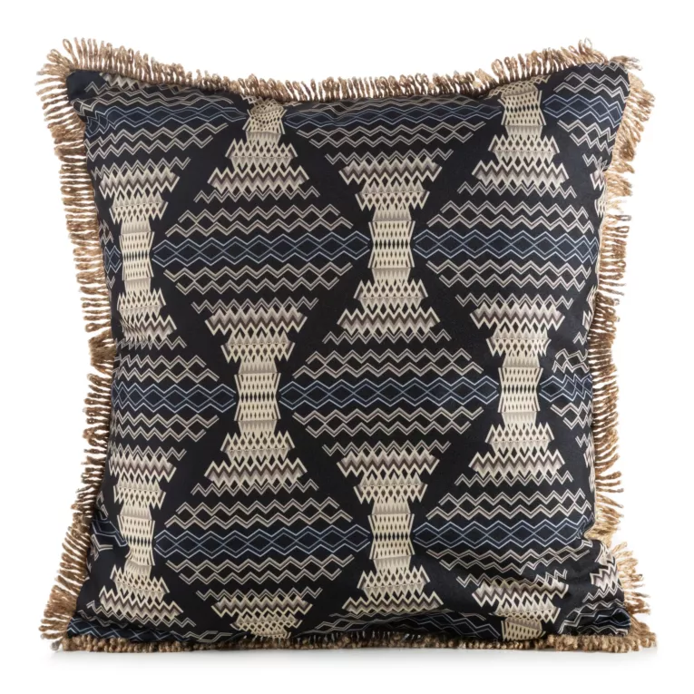 Poszewka na poduszkę 45x45 cm z tkaniny wodoodpornej na taras oraz balkon zdobiona nadrukiem geometrycznym i frędzli czarno ,beżowa GARDEN Eurofirany