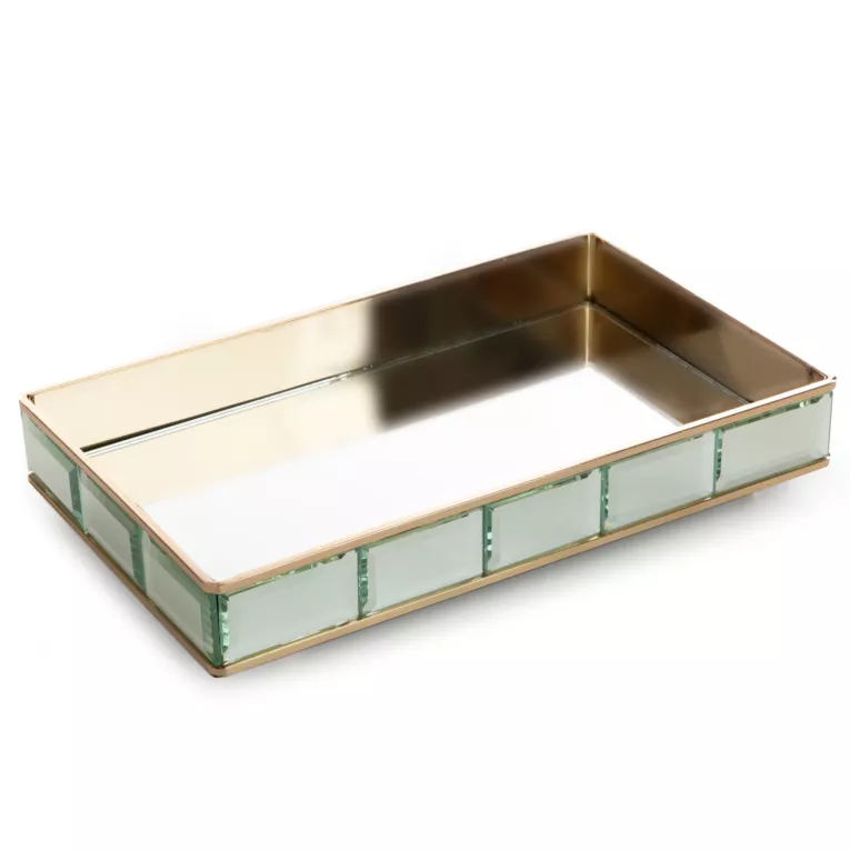 Taca dekoracyjna TALEA z lustrzanym blatem i metalowym obrzeżem z kryształami w stylu glamour