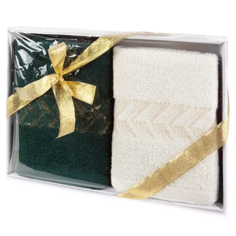 Zestaw ręczników bawełnianych 2 szt 50x90 cm kolor kremowy, ciemnozielony 450 g/m2 GLOW Eurofirany