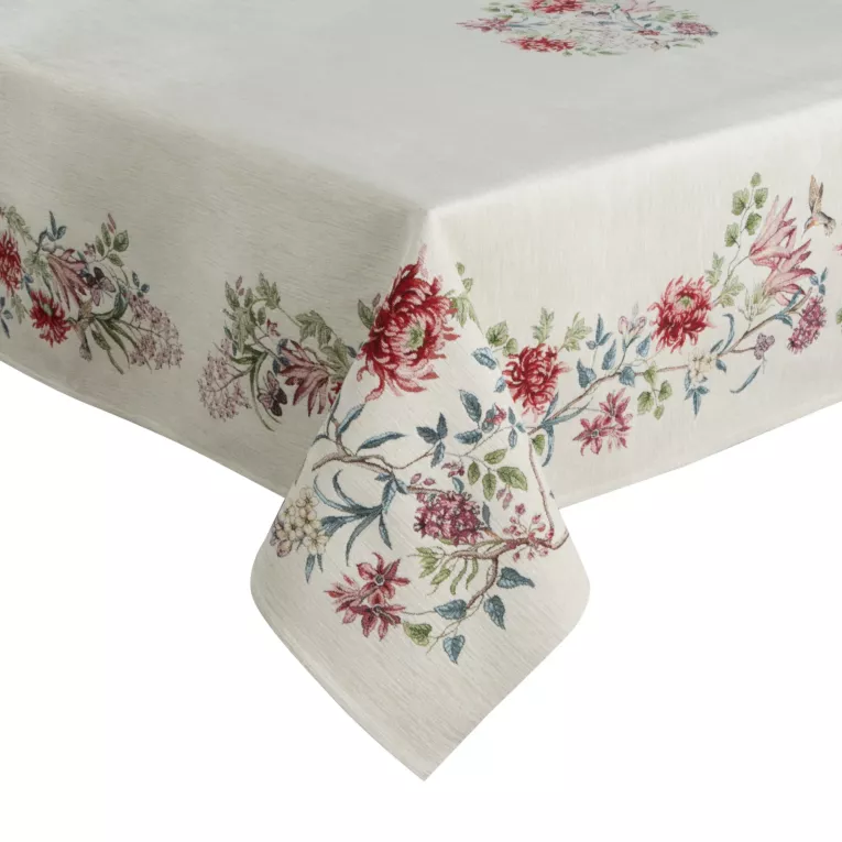 Obrus naturalno, czerwony 140x180 cm gobelinowy z motywem kwiatowym