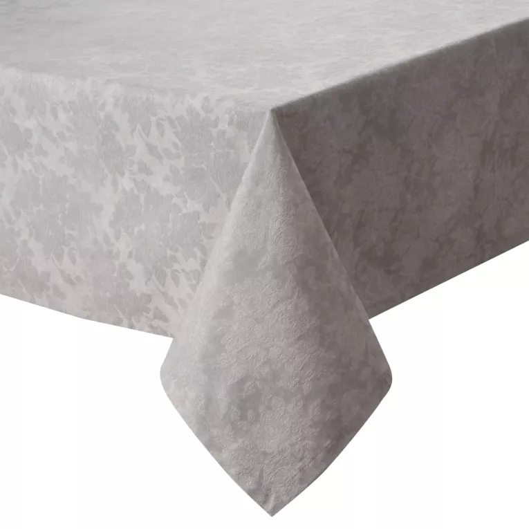 Obrus jasnosrebrny 160x350 cm INES z motywem kwiatów przetykany srebrną nicią