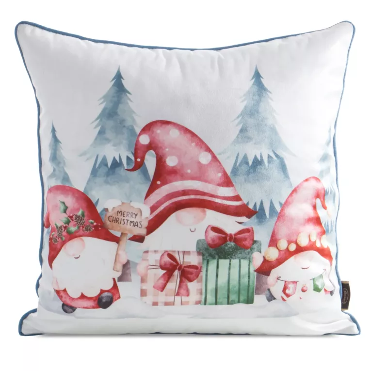 Poszewka na poduszkę świąteczna 45x45 cm biało, czerwona zdobiona uroczym nadrukiem krasnali i elegancką wypustką Eurofirany