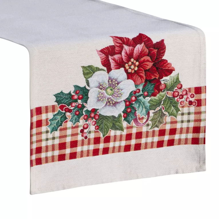 Bieżnik na stół naturalno, czerwony 45x140 cm świąteczny gobelinowy zdobiony motywem gwiazd betlejemskich