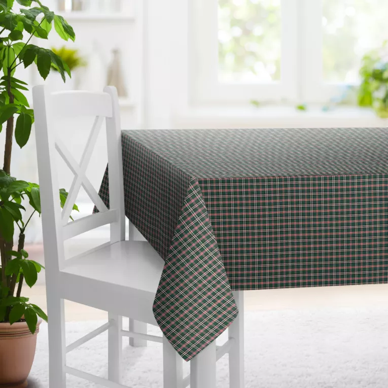 Obrus na wymiar zielony z etaminy o geometrycznym wzorze w kratę, z dodatkiem bawełny
