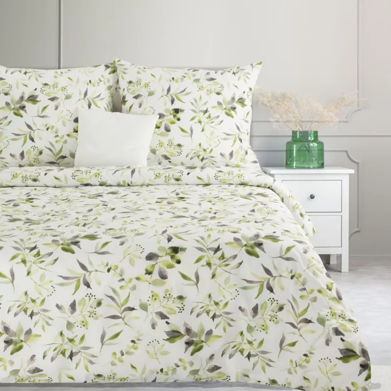 Pościel 160x200 cm bawełniana kolor biały, zielony wzór roślinny MILI Eurofirany
