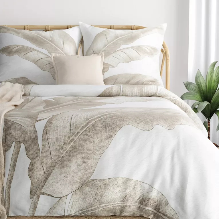 Pościel 220x200 cm komplet 3 częściowy satyna bawełniana kolor ciemnobeżowy, jasnokremowy zdobiony motywem roślinnym SPRING 102 Eurofirany