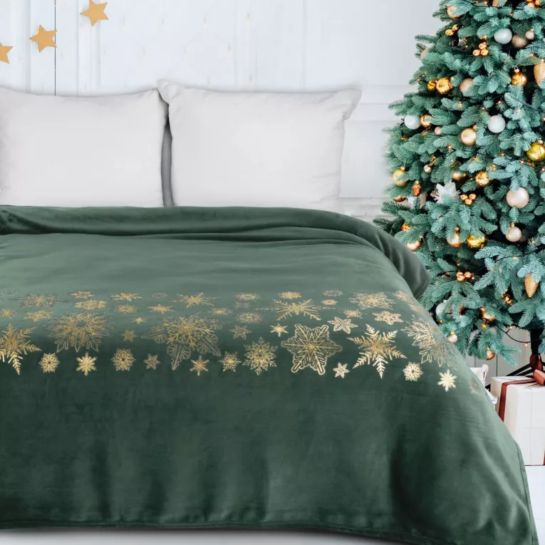 Koc  150x200 cm ciemnozielono, złoty ozdobiony gwiazdkami JOY Eurofirany