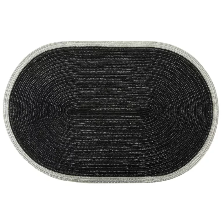 Podkładka owalna na stół czarna 30 x 45 cm TIRANA strukturalna przetykana srebrną nicią z ozdobną lamówką