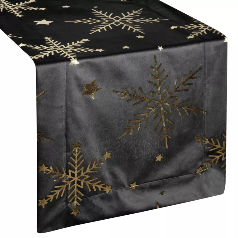 Bieżnik świąteczny 40x140 cm czarno, szampański welwetowy zdobiony błyszczącym nadrukiem Eurofirany