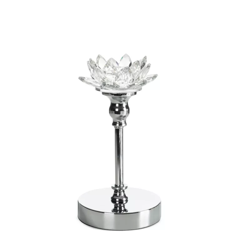 Świecznik dekoracyjny transparentny, srebrny o kształcie kwiatu lotosu średnica 12x24 cm DALIA 2 Eurofirany