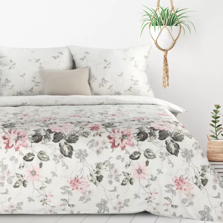 Pościel 220x200 cm z bawełny i mikrowłókna kolor biały, jasnoróżowy z motywem kwiatów LEA 5 Design 91 Eurofirany