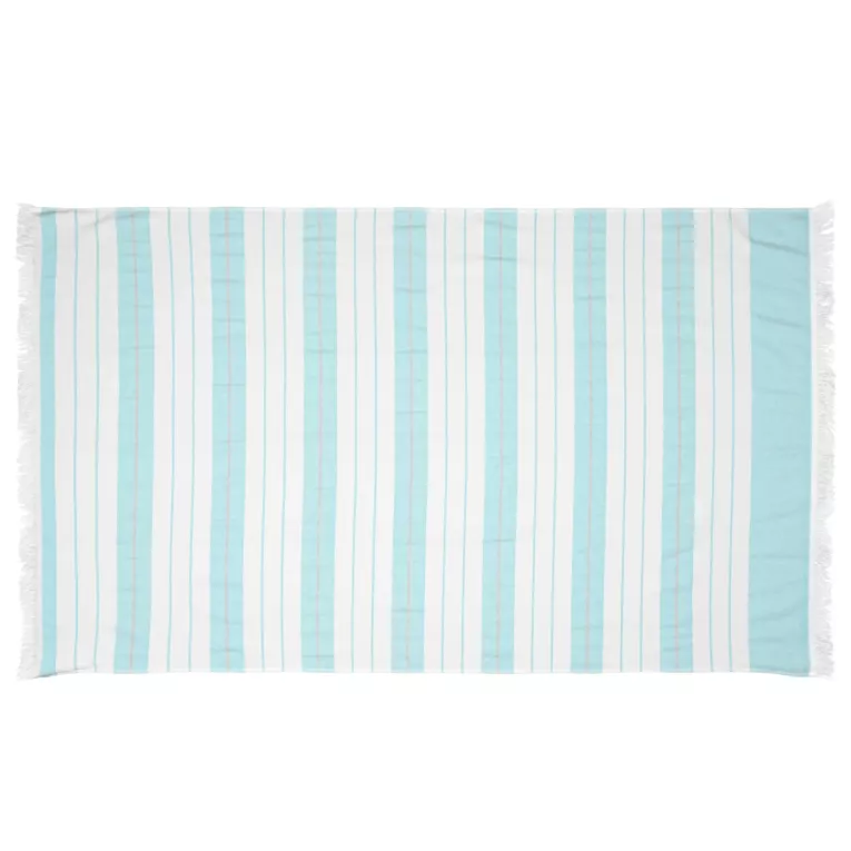 Ręcznik plażowy 90x170 cm bawełniany kolor biały,turkusowy z nadrukiem kontrastujących paseczków i frędzli 350 g/m2 MILOS Eurofirany
