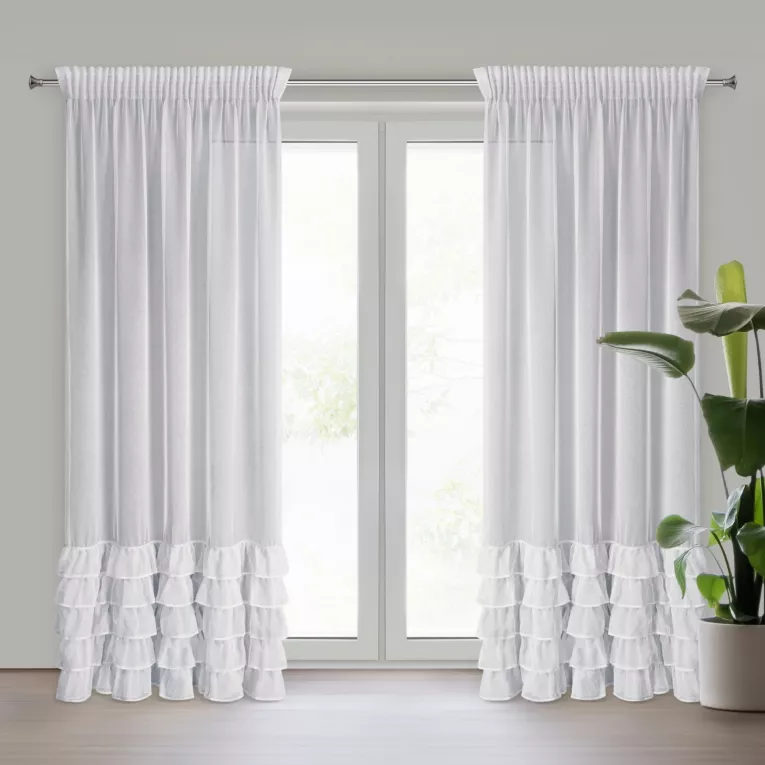 Firana biała z etaminy zdobiona falbanami i lśniącym pasem kryształków 140x270 cm taśma CARLI Eurofirany