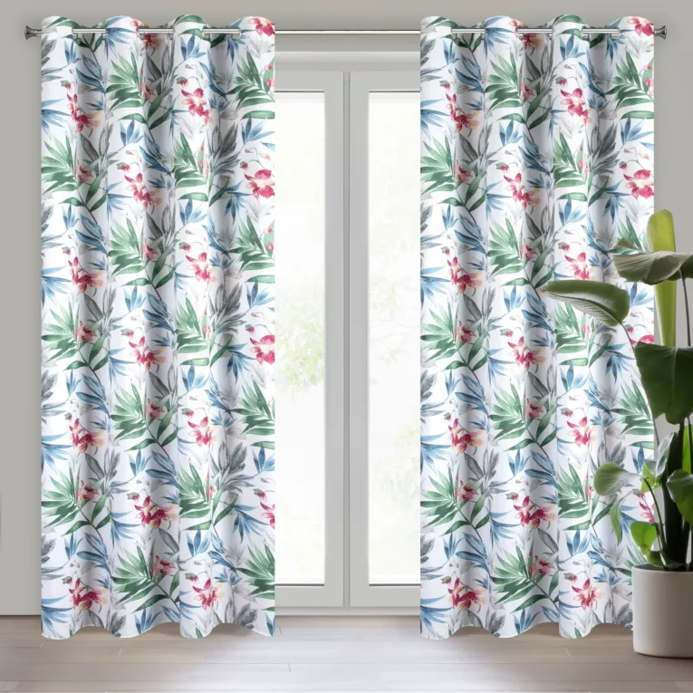 Zasłona biało, zielona w kwiaty 140x250 cm przelotka JANETE Eurofirany