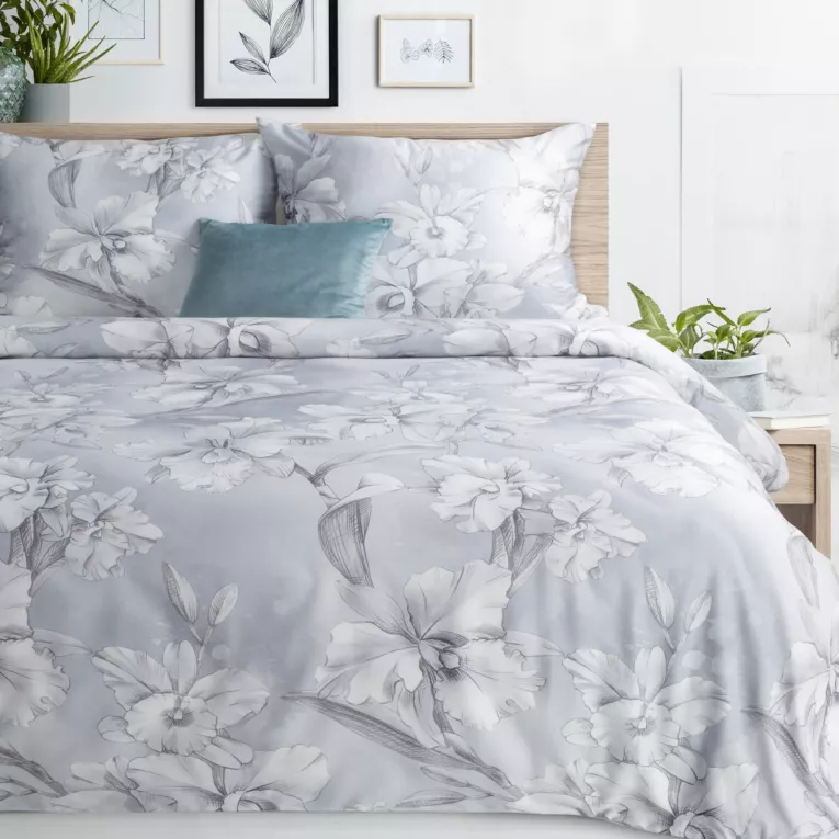 Pościel 160x200 cm komplet 3 częściowy z makosatyny bawełnianej kolor jasnoniebieski, biały z motywem kwiatów Eurofirany Premium