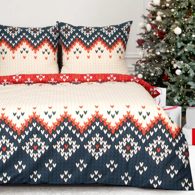 Pościel świąteczna 140x200 cm bawełniana kolor beżowy, granatowy styl skandynawski NORDIC Eurofirany