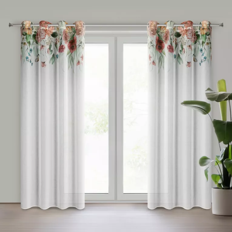 Zasłona biało, ciemnoróżowa ze wzorem letnich kwiatów 140x250 cm przelotka RISA Eurofirany