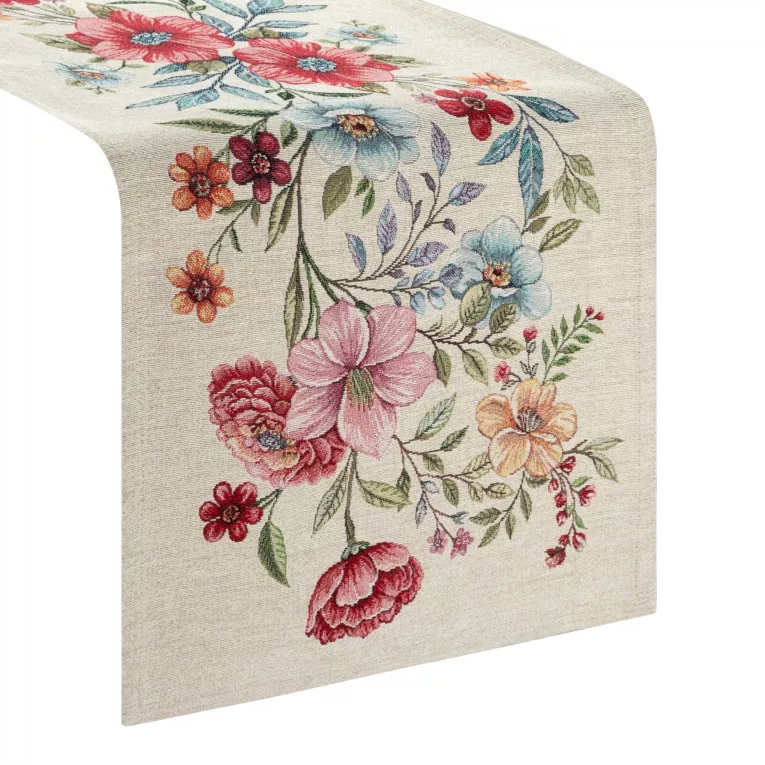 Bieżnik na stół naturalno, różowy 40x100 cm gobelinowy zdobiony motywem kwiatów Eurofirany