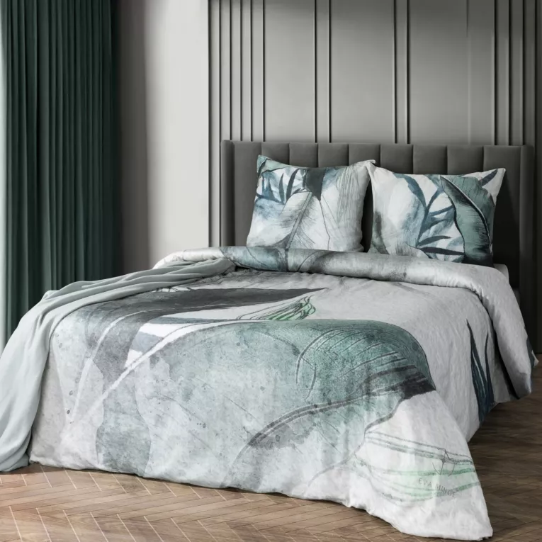 Pościel 220x200 cm z bawełny, makosatyny kolor jasnoszary, ciemno miętowy z wzorem designerskim ARTIST Eva Minge Eurofirany