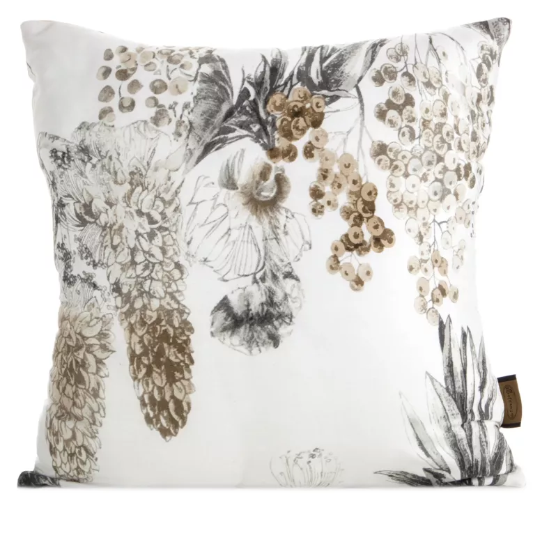 Poszewka na poduszkę 40x40 cm z satyny bawełnianej zdobiona nadrukiem roślinnym biało, stalowa SPRING 49 Eurofirany