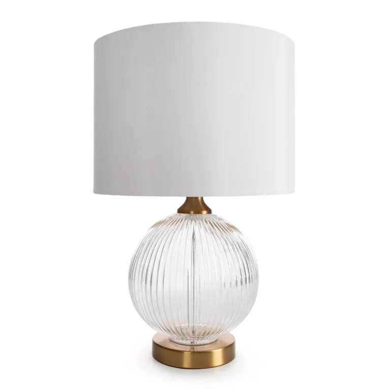 Lampa stołowa nocna biało, złota IVY z szklana okrągłą podstawą Eurofirany