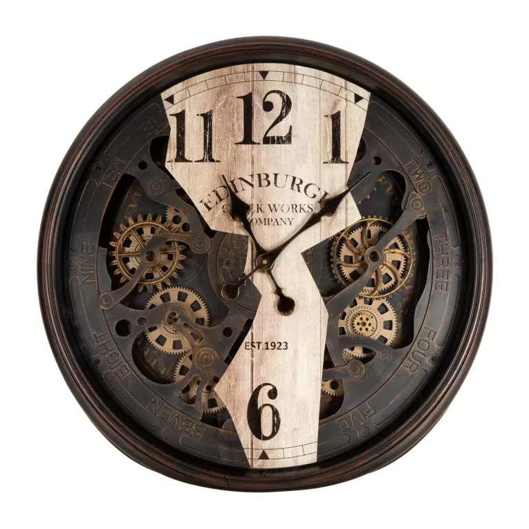 Dekoracyjny zegar ścienny w stylu vintage z ruchomymi kołami zębatymi