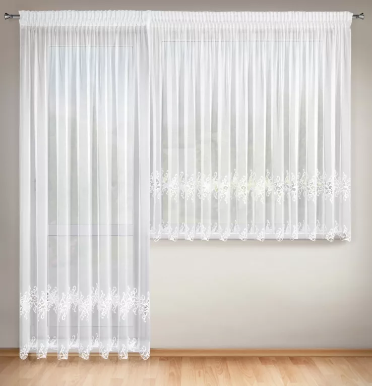 Komplet firan 2 szt białych z tkaniny typu markizeta zdobiona haftem roślinnym 400x160 cm/ 200x250 cm taśma IRIS Eurofirany