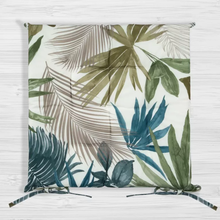 Poduszka na krzesło 40 x 40 x 5 cm wodoodporna beżowo, turkusowa zdobiona botanicznym wzorem GARDEN Eurofirany