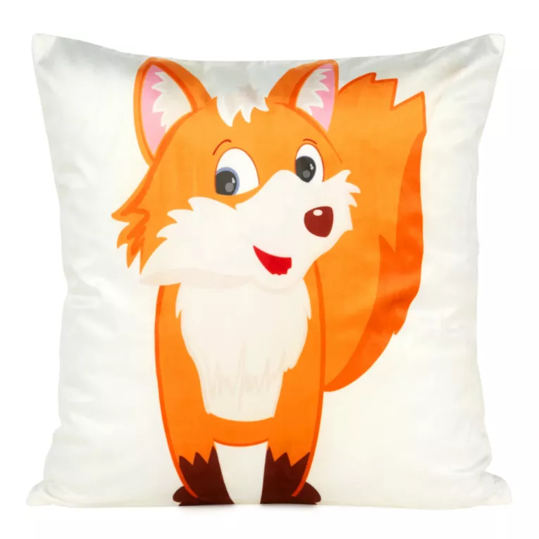 Poszewka na poduszkę 45x45 cm welwetowa, biało pomarańczowa z motywem liska KIDS 9A DESIGN 91