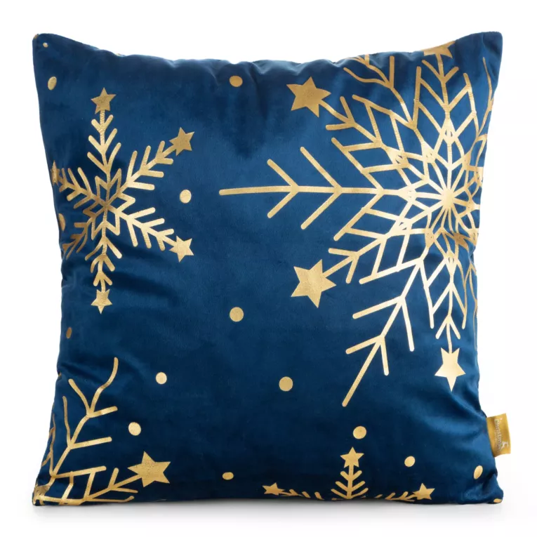 Poszewka na poduszkę świąteczna welwetowa 45x45 cm granatowa zdobiona nadrukiem szampańskich śnieżynek Eurofirany
