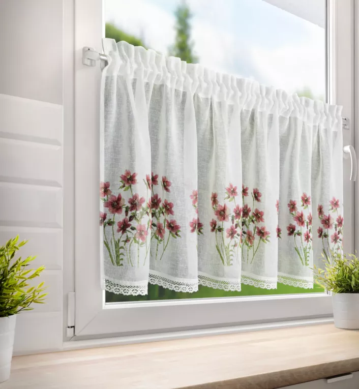 Zazdrostka biało, bordowa z etaminy zdobiona nadrukiem  czerwonych kwiatów i koronką 60x150 cm tunel ISA  Eurofirany