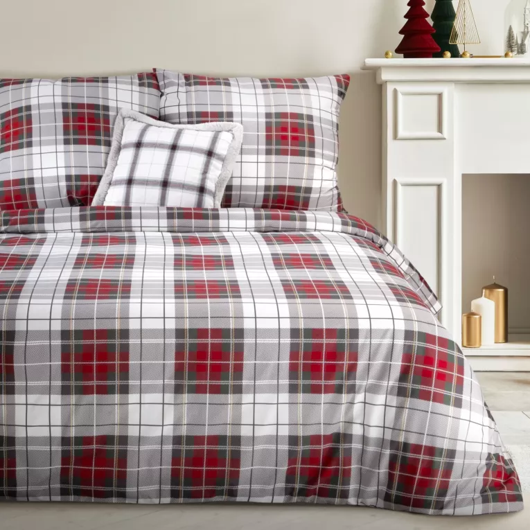 Pościel świąteczna 140x200 bawełniana kolor biały, bordowy wzór w kratę ASPEN Eurofirany