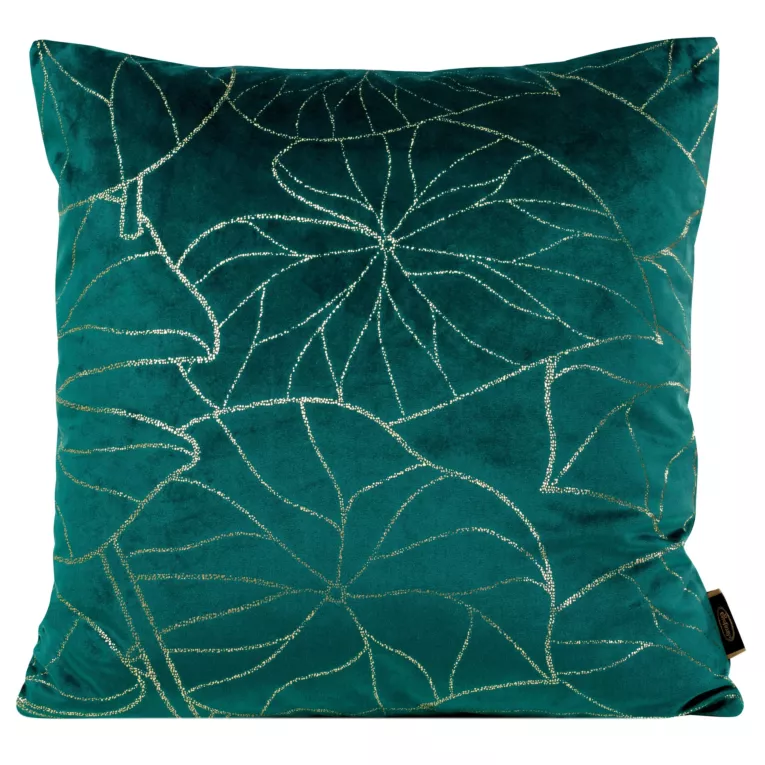 Poszewka na poduszkę 45x45 cm welwetowa ze złotym motywem liści ciemnoturkusowo BLINK Eurofirany