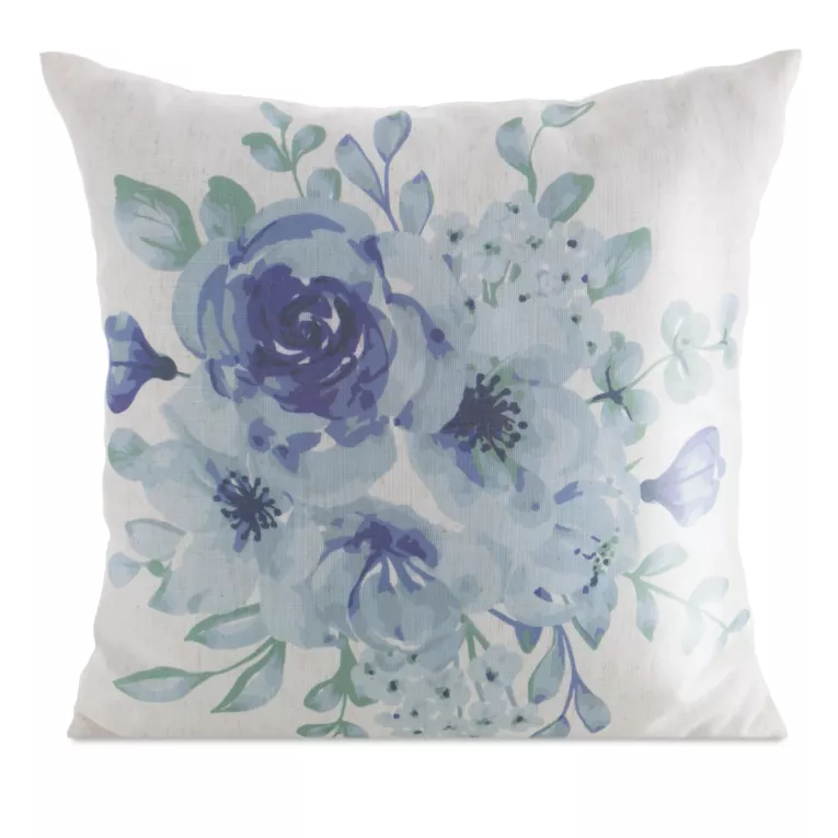 Poszewka na poduszkę 45x45 cm o strukturze lnu z nadrukiem subtelnych kwiatów biała, jasnoniebieska LEN Eurofirany